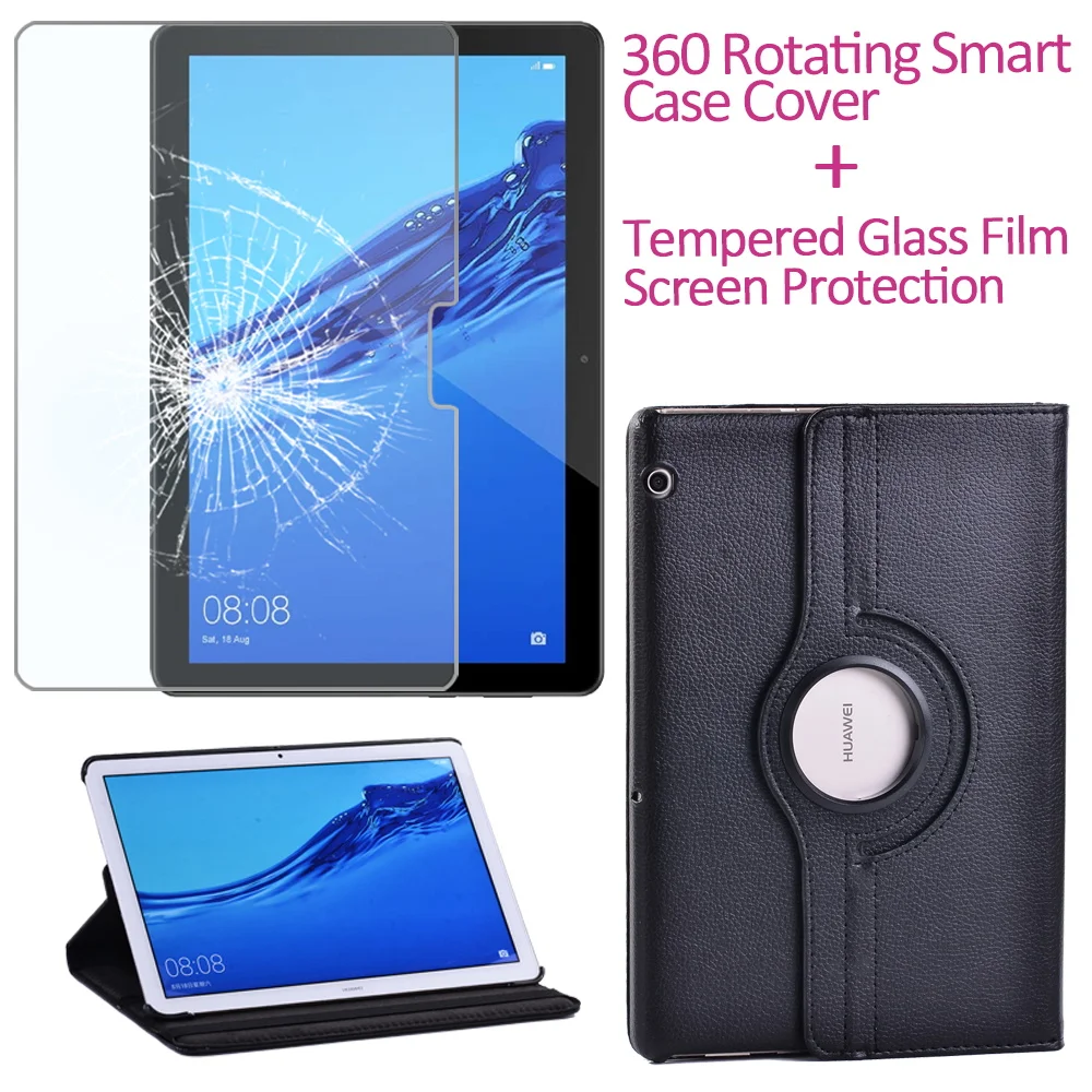 

Cover for Huawei MediaPad T3 10 9.6 Anti-Dust 360 Rotating Tablet Case+Tempered Film+Free Stylus for Huawei MediaPad T5 10 10.1"