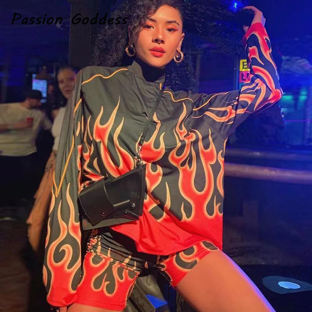 Женский комплект из 2 предметов с принтом пламени в стиле Харадзюку свободная