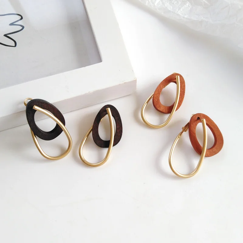 

Vintage Geometry personality double earrings Hyperbole matte metal earrings minimalist style Jewelry Making Wood earrings