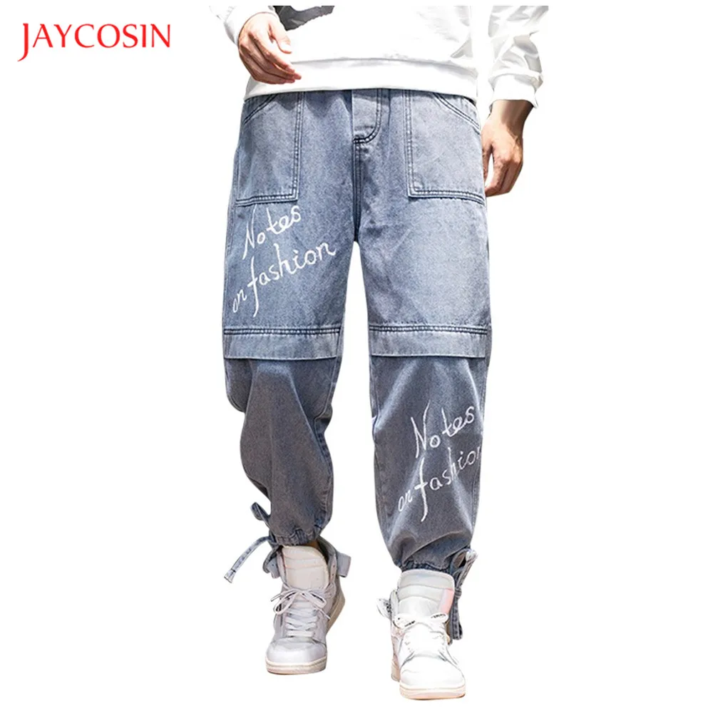 Jaycosin мужские повседневные джинсы, брюки, свободные, с эластичной талией, с большим карманом, облегающие ноги, узкие джинсы, брюки, модные, с буквенным принтом
