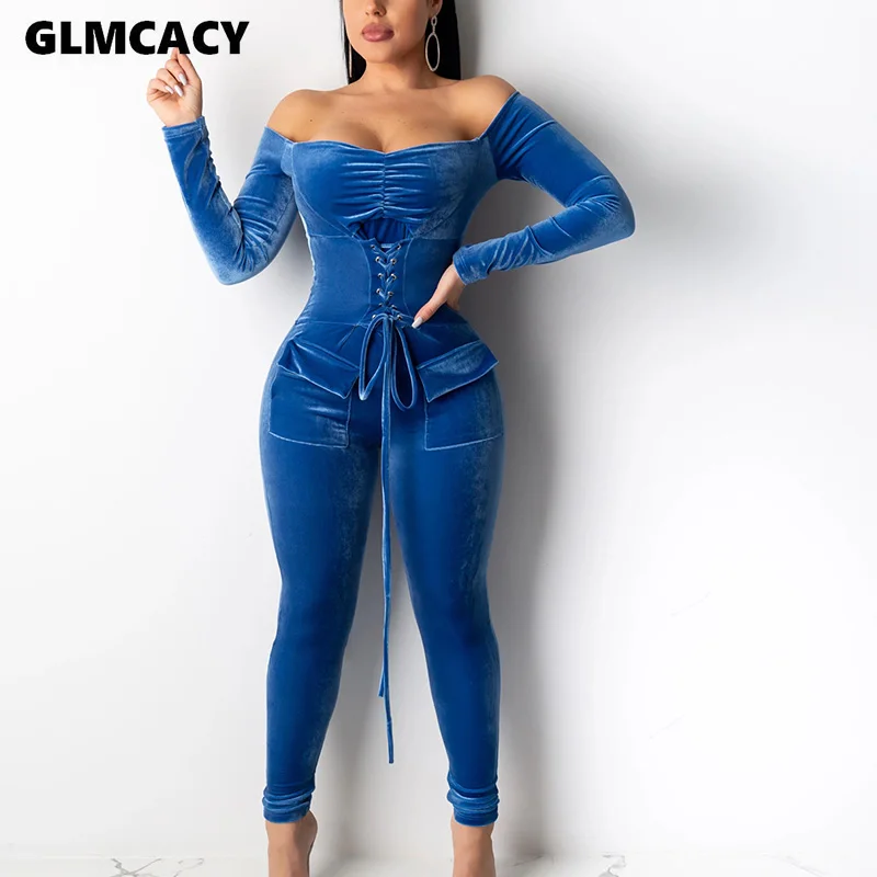 

Women Sexy Velvet Jumpsuit Autumn Winter Off Shoulder Long Sleeve Club Bodycon Overall One Piece Romper Jumpsuits