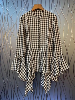 

2020 Spring and Summer New Women's round Neck Irregular Bell Sleeve Stitching Decorations Plaid Long Sleeve All-match Top 620