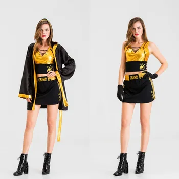 

2020 Halloween Carnival Party Cosplay Costume For Women Club Sexy Bandage Boxer Golden Belt Competition Fancy Top Skirt Coat Set