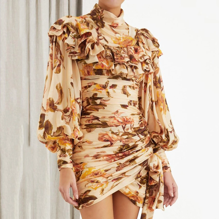 

2019 Autumn Floral Print Fashion Dress Stand Collar Lantern Sleeve Ruffles Patchwork Draped Asymmetrical Personality Mini Dress