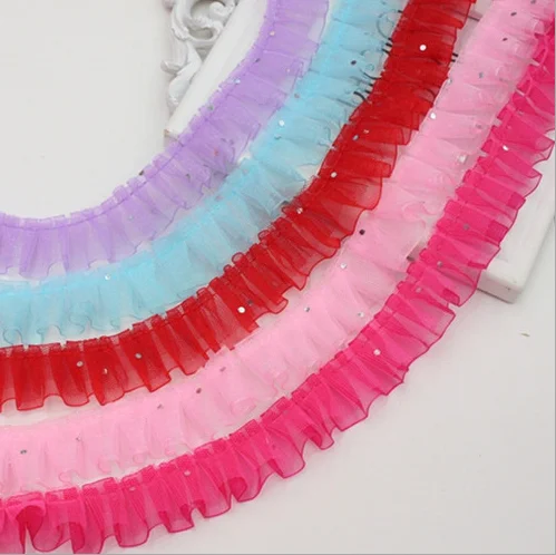 

40Yards 2.5cm Organza Lace Gathered Pleated Trim Red Pink White Yellow Fabric For Wedding Dress