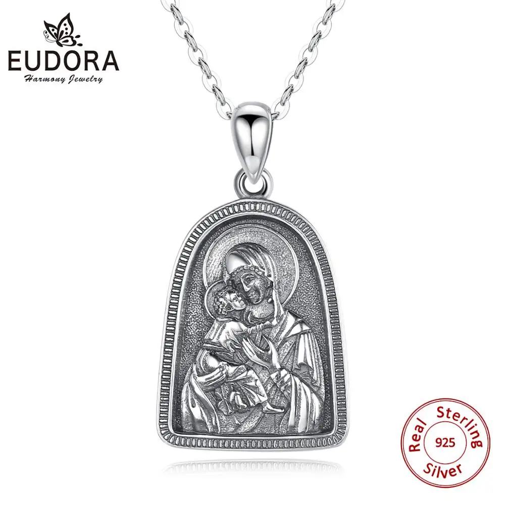 

EUDORA 925 Sterling silver Icon pendant OUR LADY OF VLADIMIR Arched vintage pendant Necklace for man women Religious series D6