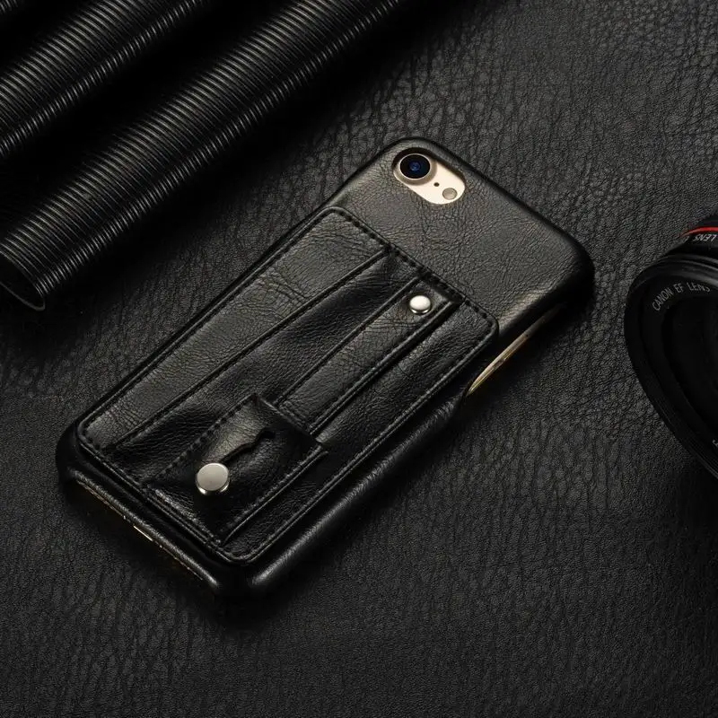 Черный Роскошный Ретро Чехол из искусственной кожи для iphone 11 Pro Max XS X XR 7 8 Plus, чехол для телефона с отделениями для карт, задняя крышка с ремешком на палец, подставка-держатель - Цвет: Черный