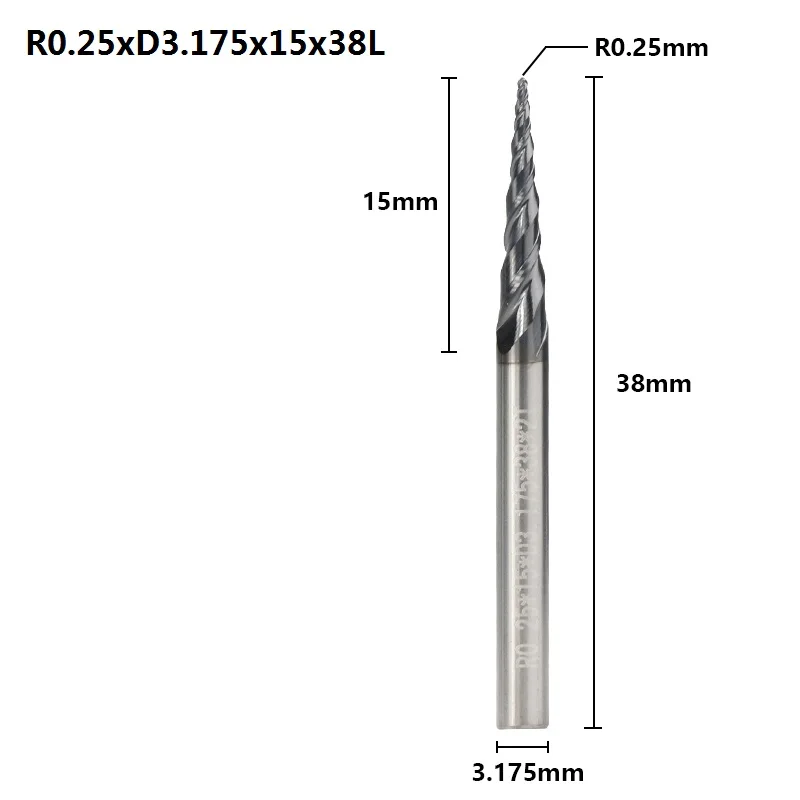 1 шт. 3,175 мм хвостовик R0.25-R1.0 коническая сферическая Концевая фреза TiAIN с покрытием ЧПУ фреза Карбид Деревообработка Гравировка Бит - Длина режущей кромки: R0.25xD3.175x15x38L