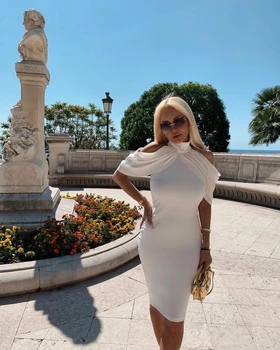 

Top Quality Sexy Women Hollow Out Turtleneck White Bodycon Homecoming NightParty Dress