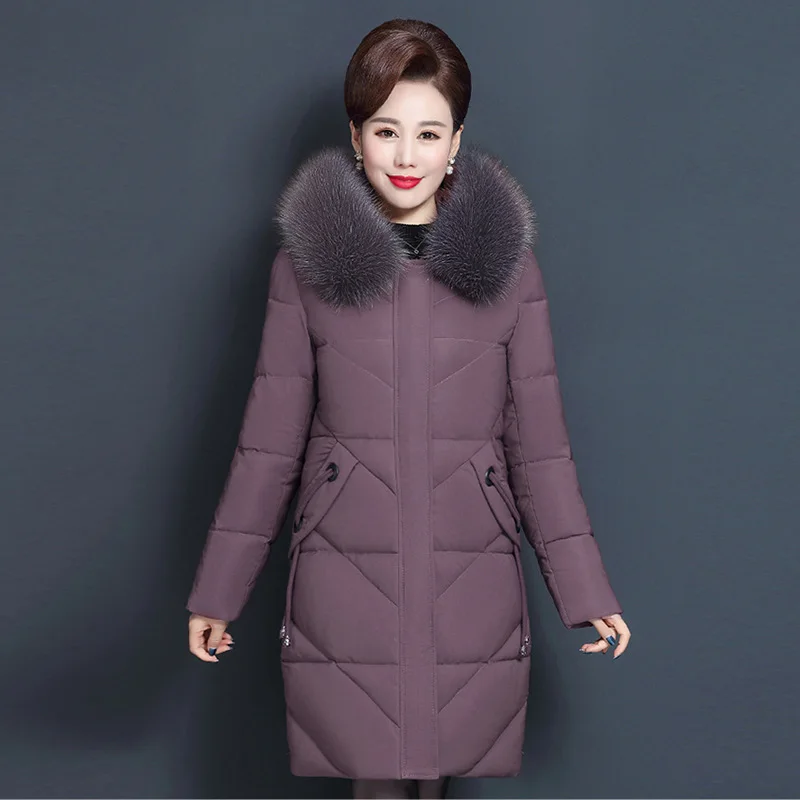 Женская зимняя куртка, зимняя куртка среднего возраста, Женская куртка с капюшоном и меховым воротником, длинное женское пуховое хлопковое пальто, женское теплое пальто