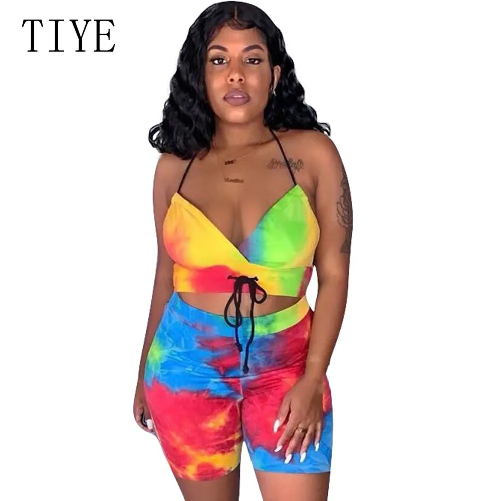 

TIYE Fashion Tie Dyed Print Sexy 2 Pieces Sets Halter Jumpsuits Women Backless Sleeveless Retro Summer Hollow Out Club Playsuits