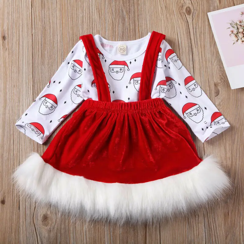 Г. Милая Рождественская Одежда для девочек комплект одежды для маленьких девочек, топы с изображением Санта-Клауса+ красные плюшевые юбки рождественские красные костюмы