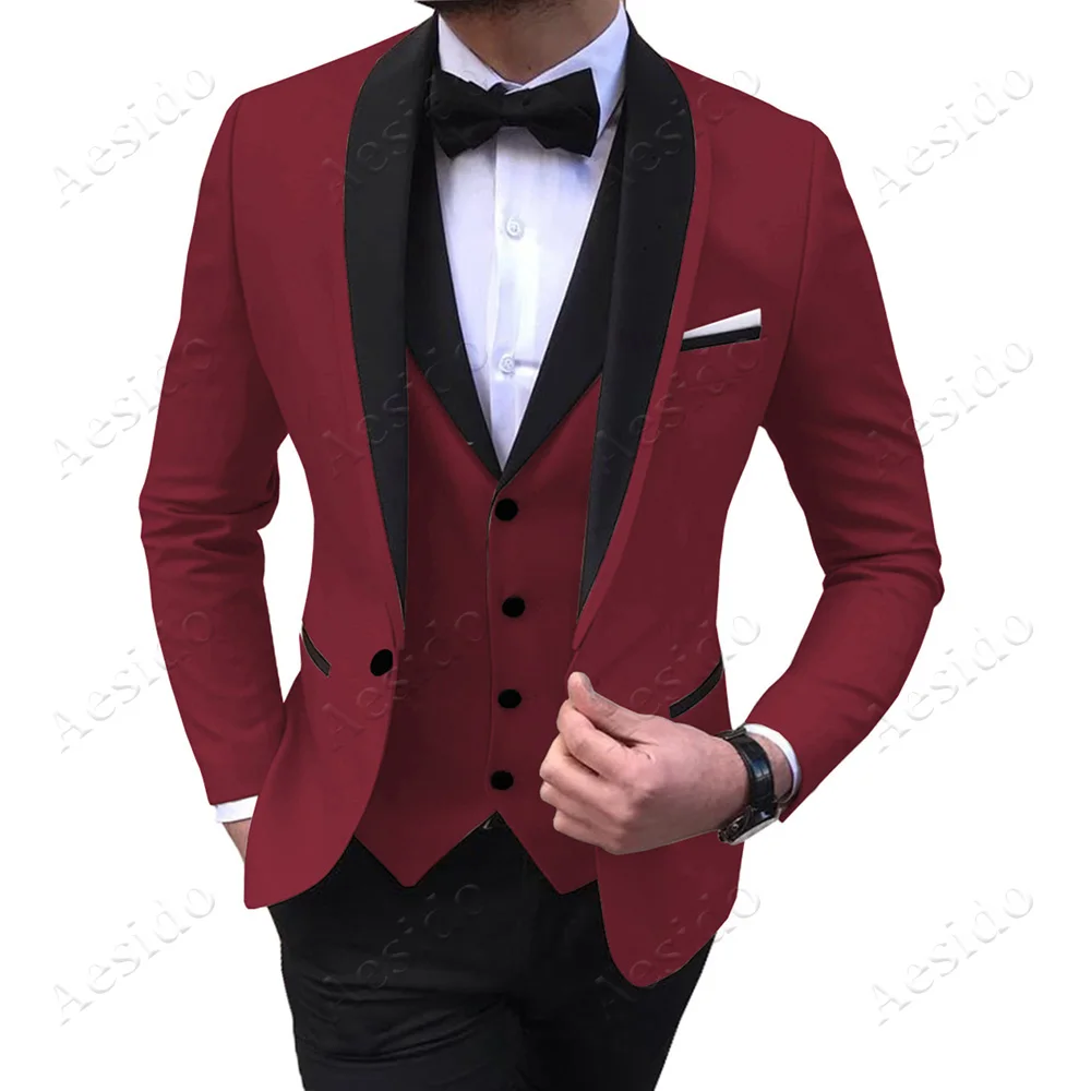 Burgundy Aesido Fashion Men's Suits Slim Fit Prom Tuxedos Shawl Lapel Blazer Vest Pants 3 Pieces Suit Set Groomsmen for Wedding - Цвет: Burgundy