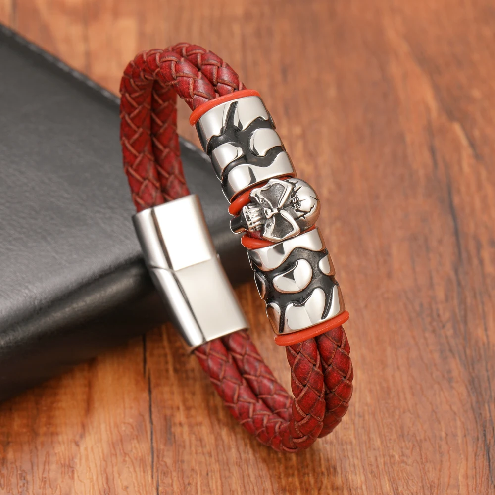 Fashion Men's Horror Skull Double Woven Genuine Leather Bracelet Stainless Steel Magnetic Clasp Jewelry Gift - Image 2