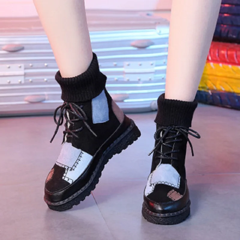 

Dropshipping Autumn Winter Explosions Suede Canvas Color Matching Wild High-top Wool Mouthboots Women Shoes GDT001