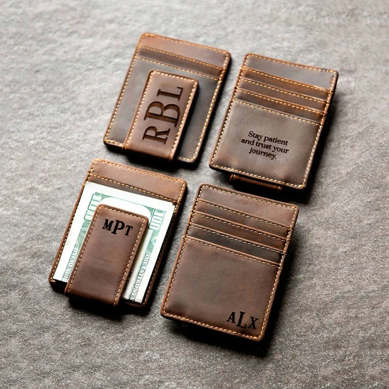 ROCKCOW Crazy Horse Leather Wallets Personalized Men's Leather Money Clip Ultra Thin Mini Wallet