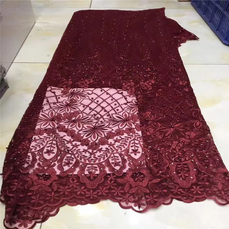 New wine African Lace Fabric Embroidered Nigerian Guipure for Wedding High Quality stones French Tulle with Beads | Дом и сад