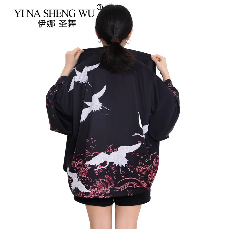 

Beach Sunscreen Coat Japanese Kimono Women Yukata Female Crane Printing Summer Traditional Kimono Streetwear Haori Obi Cardigan