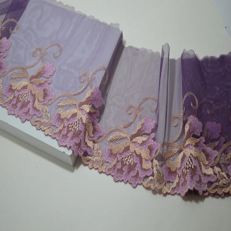 

10Meters Fashion Lace Trim Floral 19cm Width Embroidered Tulle Fabric Ribbon One Edge Ribbon for Bra Underwear High Quality