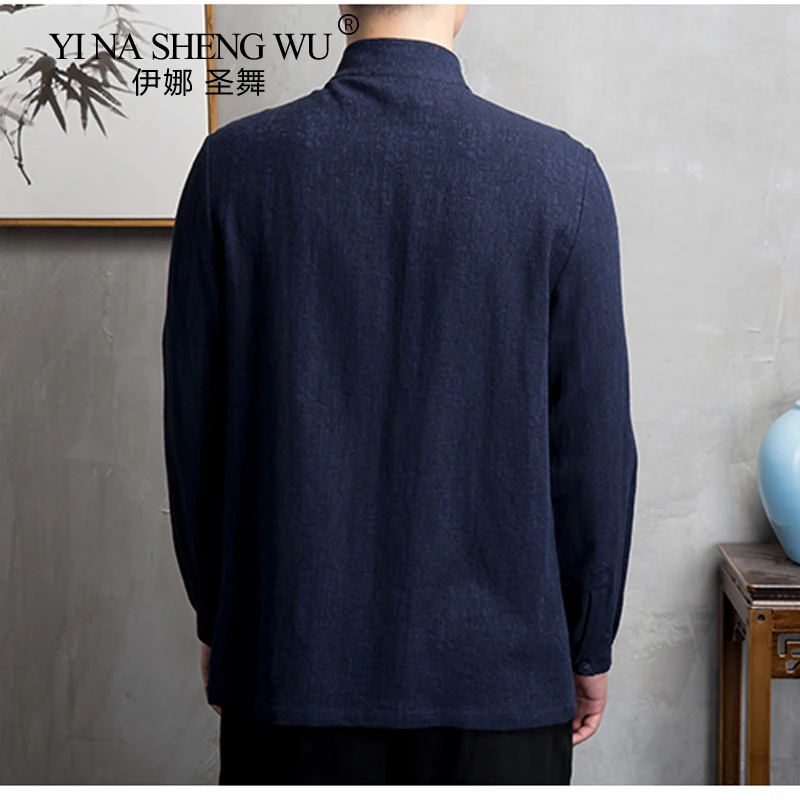 Mens Chinese Style Cotton Linen Long Sleeve Shirt Men Casual Clothing Retro Tang Suit Stand Up Collar Top Plus Size Clothes Male