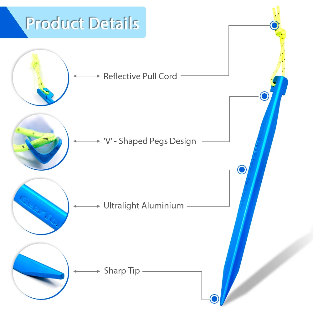 GEERTOP 10 шт. прочные алюминиевые палатки колышки для палатки сверхлегкие сверхпрочные 16 см со светоотражающим шнуром для кемпинга Пляжный Тент брезент
