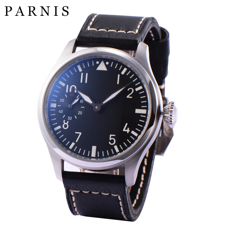 

Parnis 44mm Hand Winding Mechanical Watch Men Luxury Brand Black Dial Luminous Waterproof Leather Strap Wristwatch Men