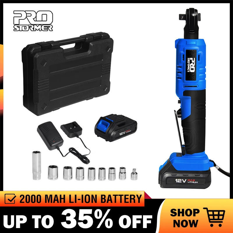 

PROSTORMER 12V Electric Ratchet Wrench 45NM Torque 3/8 inch Cordless Wrench 2000mAh Rechargeable Battery Standable Power Tools