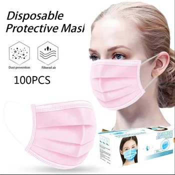 

100PCS Pink Solid Disposable Mask Mascarillas Non wove 3 Layer Ply Filter Face Mouth Mask Protective Mask Breathable Masks #19