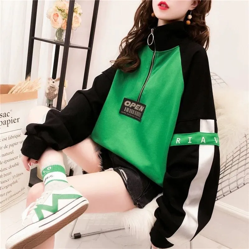 

Hoodies Women Patchwork Chic Harajuku Bf Streetwear Kpop All-match Retro Vintage Loose Casual Pullover Turtleneck Top