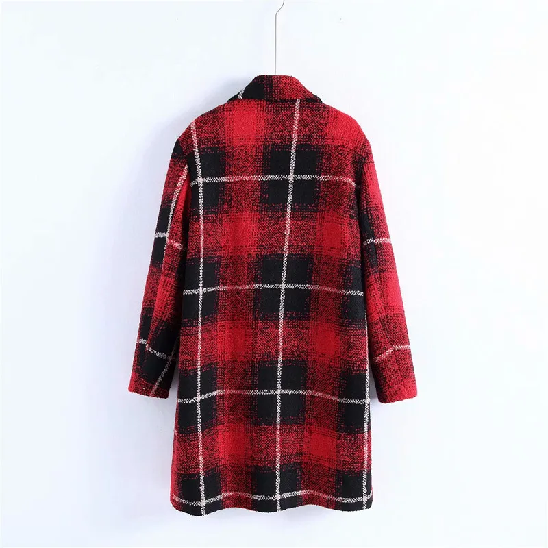 GCAROL New Women Check Overcoat Notched Collar Double Breasted Plaid Red Coat Oversize OL Office High Street Outfits