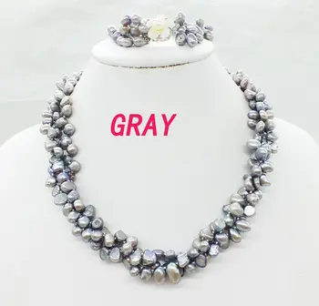 

I love him classic ! 3 strands of baroque freshwater pearl necklace Hand catenary bride jewelry sets 100% natural pearl