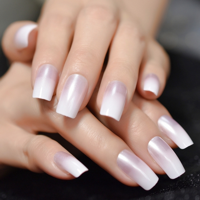 Nude Color Press On Nails Marble White Artificial False Nails Square Short Glossy Pattern Tips with Glue Sticker