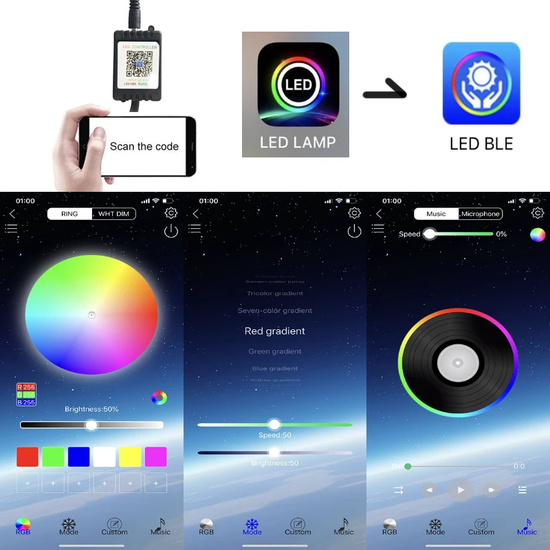 Niscarda 4 шт. 12 В IP65 Bluetooth управление через приложение RGB Светодиодная лента под