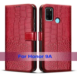 Leather Flip Wallet Case for Huawei Honor 9A - Magnetic Closure, Full Protection Cover (Red)