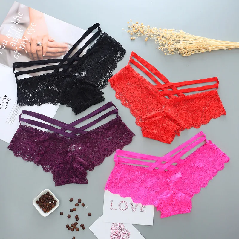 1pcs Women Sexy Panties Lace Solid Sexy Briefs Cross Strap Lace Lingerie Female Underwear Pant Ladies Women G String Thong