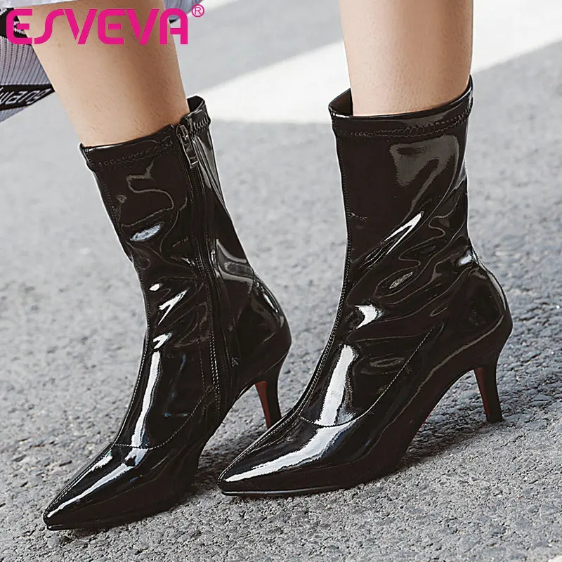 

ESVEVA 2020 Women Shoes Ankle Boots Pointed Toe Elegant PU Leather Thin High Heel Zipper Motorcycle Platform Boot Size 34-43