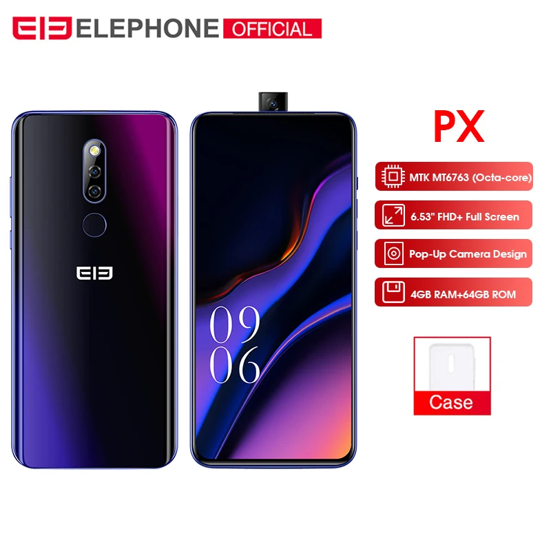 Elephone PX 6,5" FHD+ полноэкранная всплывающая камера 16 МП 3300 мАч глобальный мобильный телефон Android 9,0 MT6763 type C смартфон