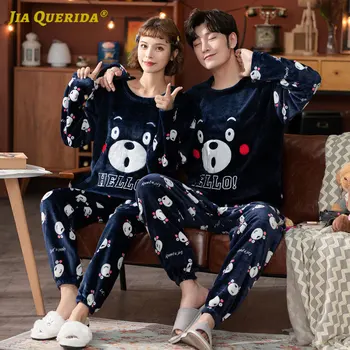 

Winter Warm Crew Neck Flannel Man and Woman Clothes Bear Printing Long Sleeve Long Pants Winter Cartoon Printing Pijamas Set