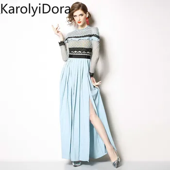 

2020 Self-Portrait Runway Pleated Long Dress Women Lace Flower Crochet Ruffles Patchwork Hollow Out High Split Maxi Party Dress