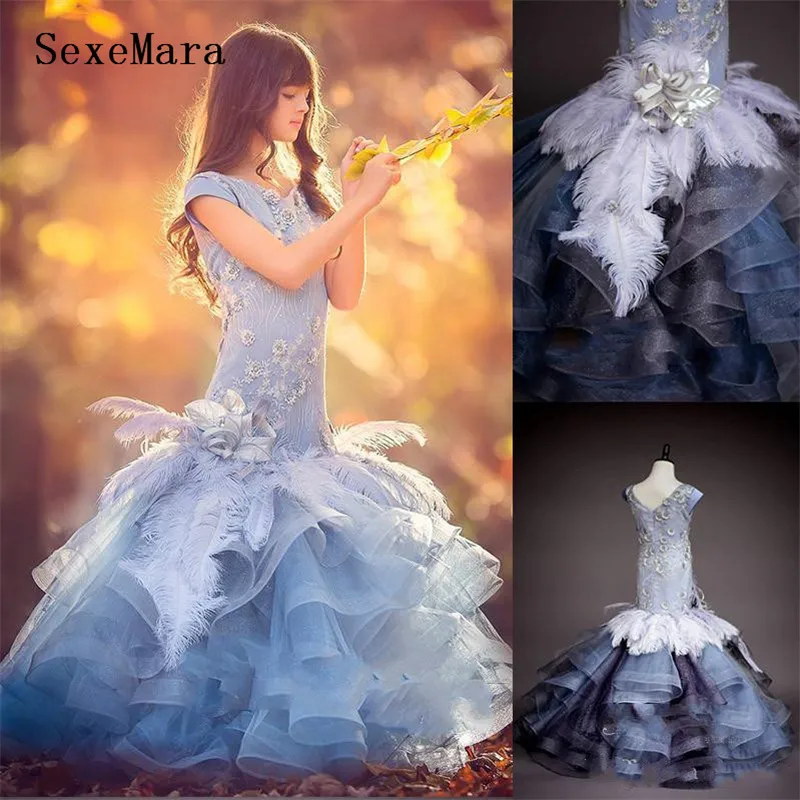

Mermaid Flower Girl Dresses Feather Lace Applique Beaded Kids First Communion Dress V Neck Prom Gowns Birthday Party Dress