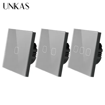 

UNKAS EU/UK standard 1/2/3 Gang 1 Way Touch Switch Gray Crystal Glass Panel Touch Switch Light Wall Only Touch Function Switch