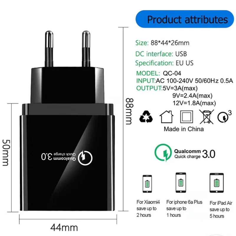 QC 3 0 USB зарядное устройство для телефона huawei p30 p20 p10 p 30 20 10 pro lite дорожное Xiaomi 9t 8 Redmi