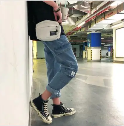 light blue Зимние мужские мешковатые Стрейчевые классические утолщенные повседневные брюки с карманами Карго свободные джинсы черные/синие байкерские джинсовые брюки - Цвет: light blue