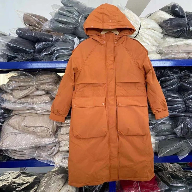 2021 Women's New Big Pocket Over The Knee Waist White Duck Down Jacket