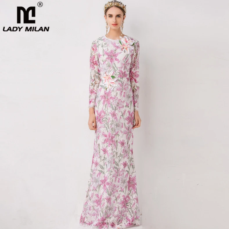 

Lady Milan Women's Runway Designer Dress O Neck Wrist Sleeves Embroidery Lace Sequined Appliques Elegant Autumn Long Dresses