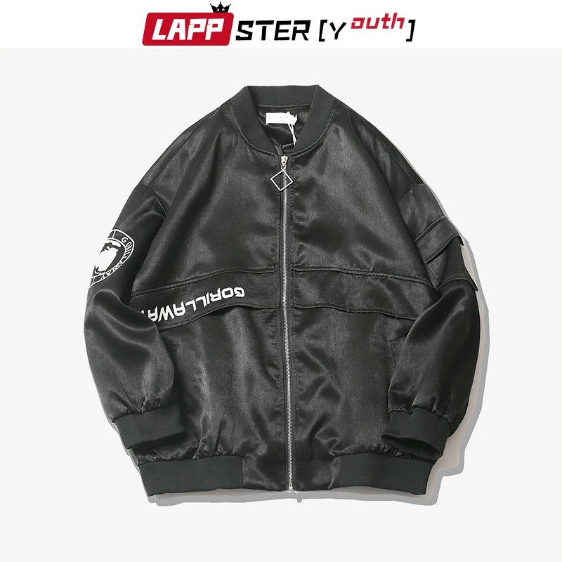 LAPPSTER Мужская черная гладкая атласная куртка-бомбер 2020 Mes Harajuku Хип-хоп ветровка