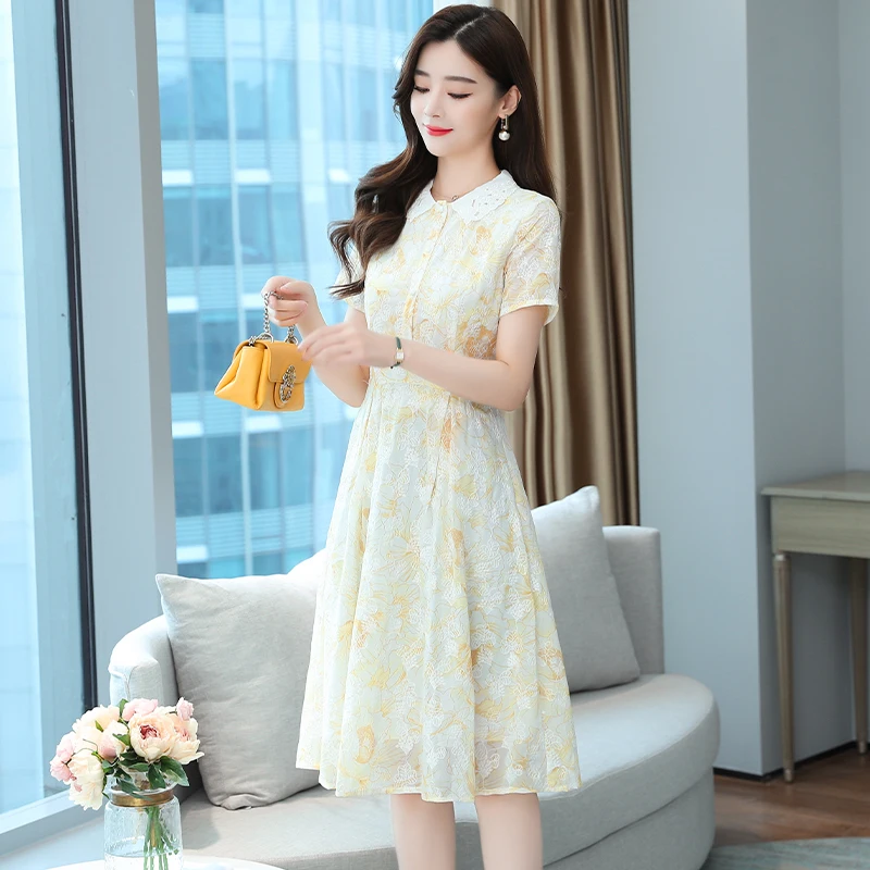 Women Midi Floral Light Yellow Dress 