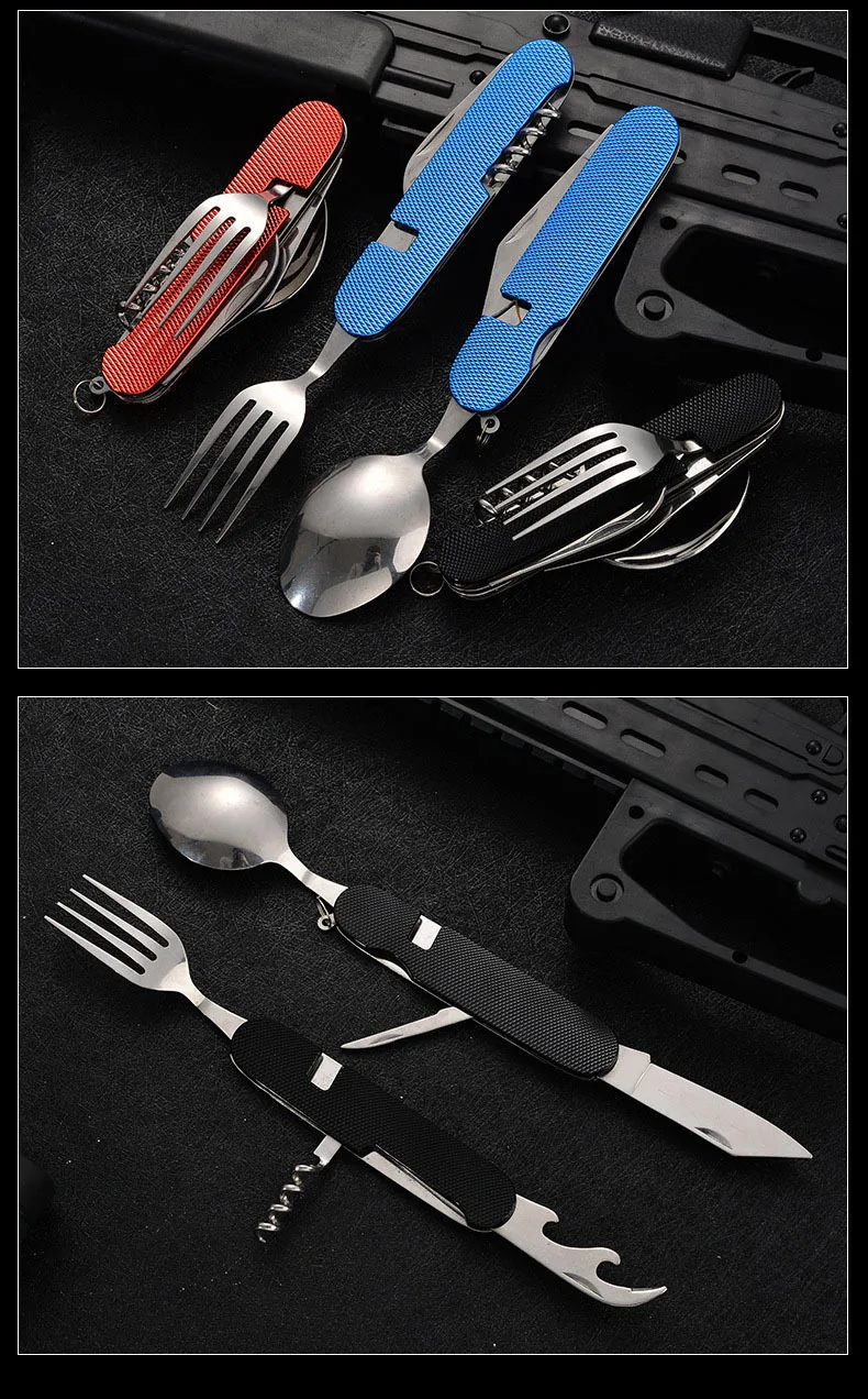 Hot sale knife and fork combination portable 6 in 1 stainless steel folding cutlery set for outdoor camping picnic travel