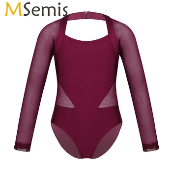 

Long Sleeves Ballet Leotards Girls Gymnastics Leotard Athletics Dancewear Bodysuit Ballerina Kids Cutout Mesh Splice Jumpsuit