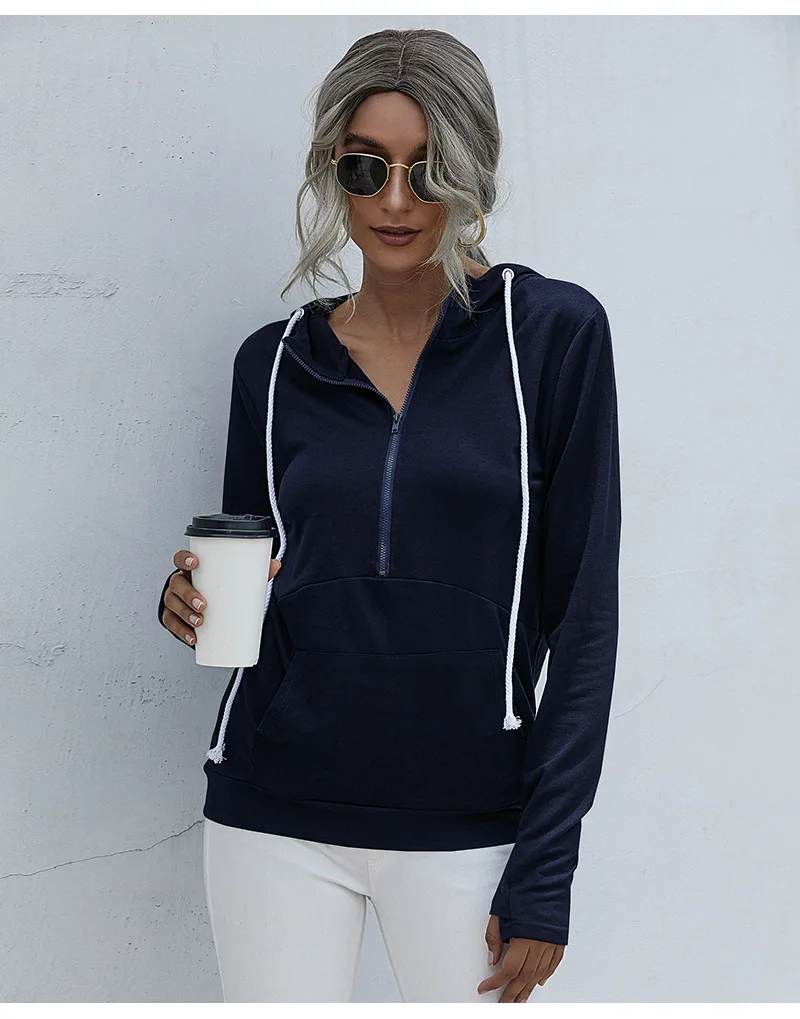 

Autumn Winter Women Hoodies Long Sleeve Hooded Slim Drawstring Design Pullover Pocket Zipper Gray Black Women Hoodies Coat Tops